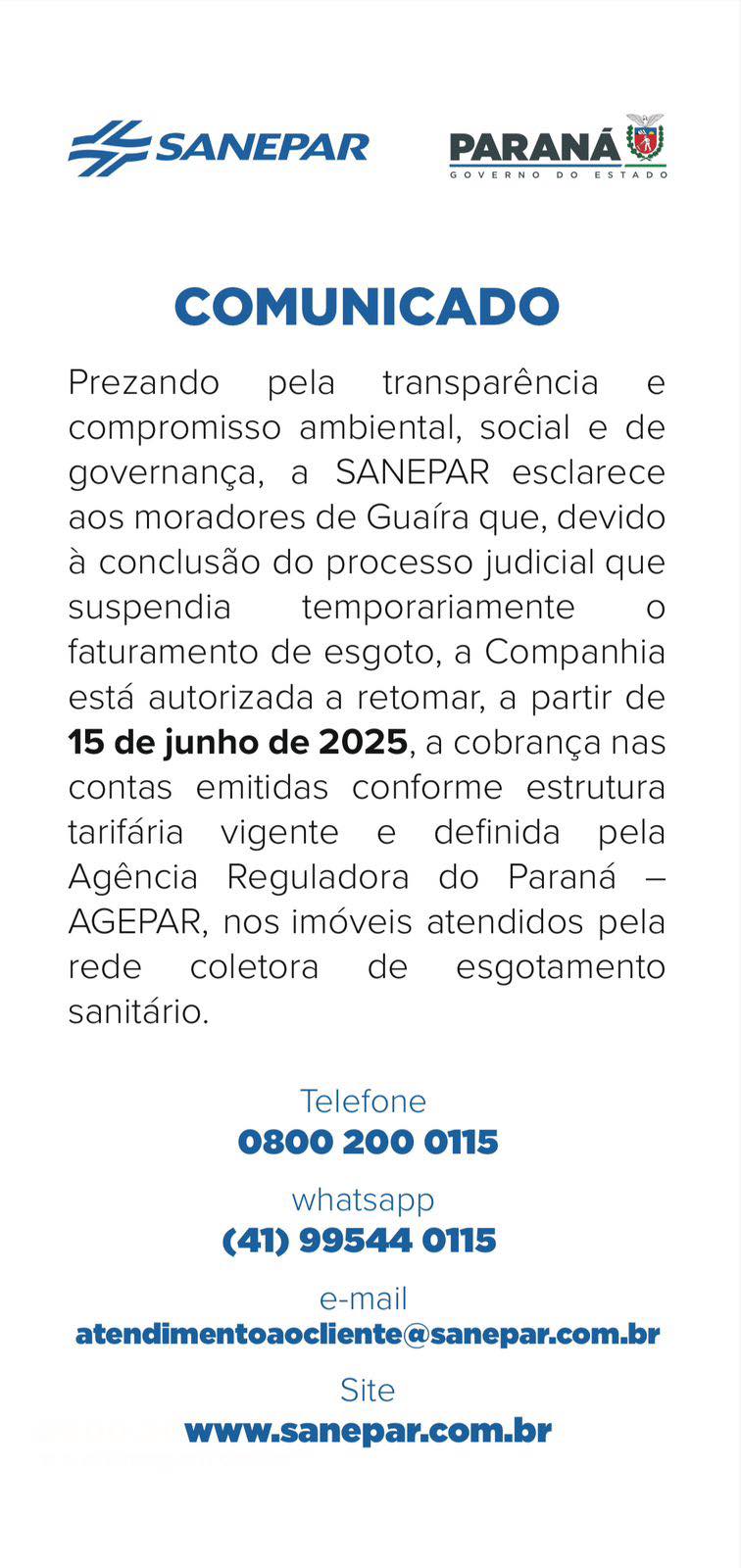 CMG ESCLARECE RETORNO DA COBRANÇA DA TARIFA DE ESGOAMENTO SANITÁRIO DA SANEPAR