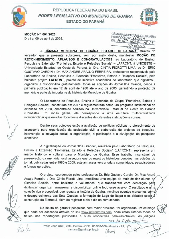 CMG RECONHECE PROJETO QUE ETERNIZA A HISTÓRIA DE GUAÍRA COM MOÇÃO DE APLAUSOS